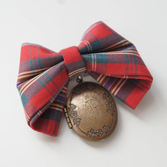 Vintage 1950s Plaid Tartan Gold Oval Locket Brooch Pin - Picture 9 of 9